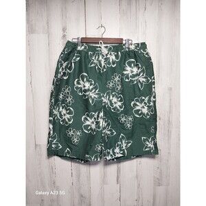 King Size KS Island Big Men's Green & White Hibiscus Print Swim Trunks XL